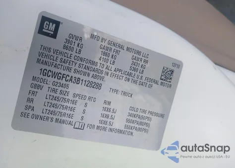 2011 Chevrolet Express 2500 Work Van z USA, uszkodzony, nr VIN 1GCWGFCA3B1128288